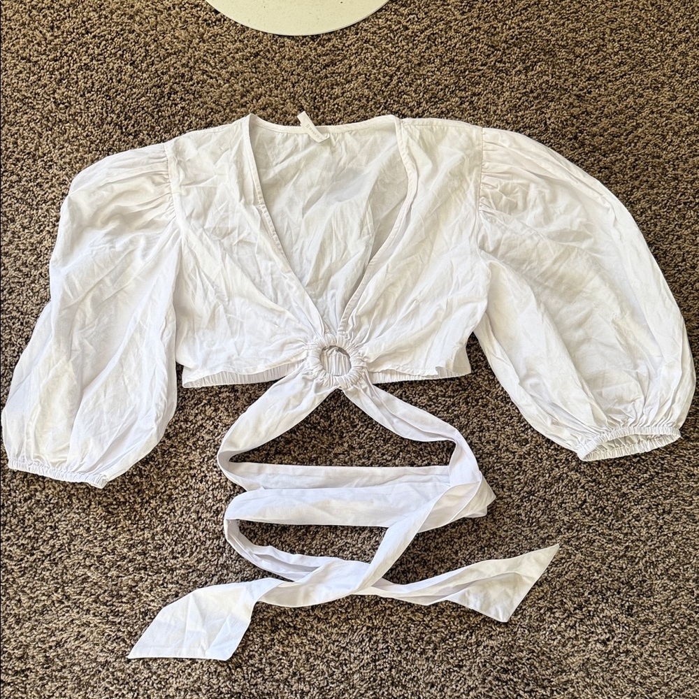 Chic White Puff Sleeve Wrap Blouse